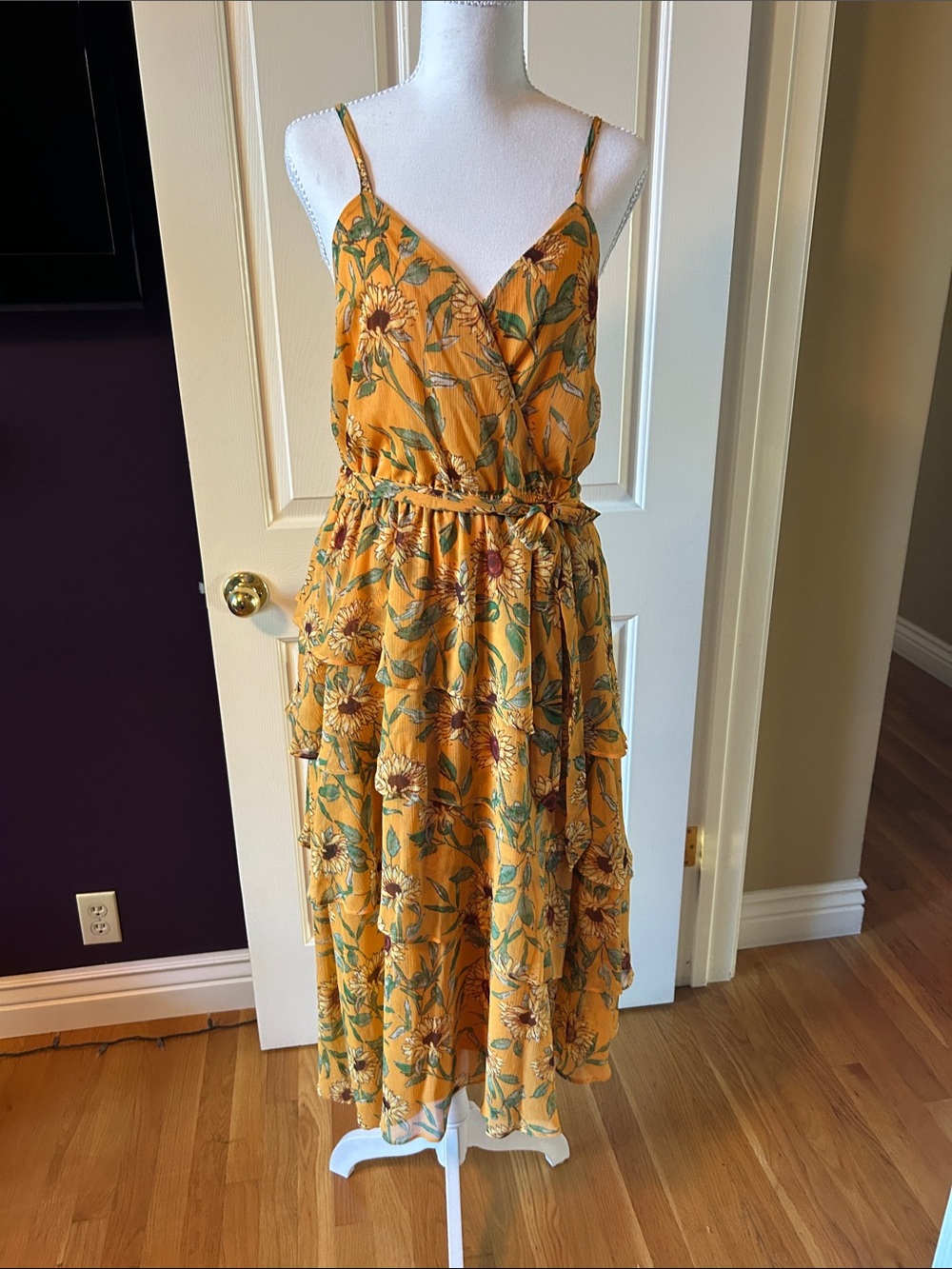 LC Lauren Conrad Mustard Sunflower Print Tiered Maxi Dress